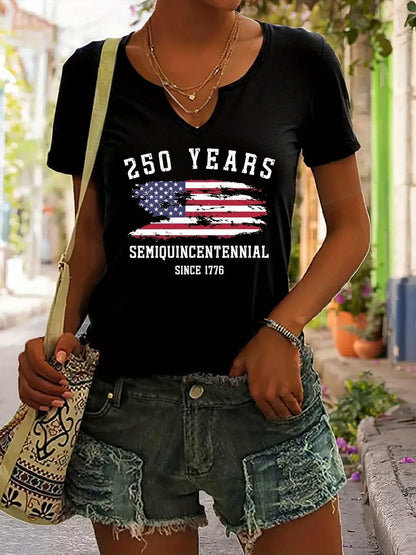 Plush Women's V-Neck T-Shirt - Short Sleeve, Patriotic Semiquincentennial Flag Print, Casual Top