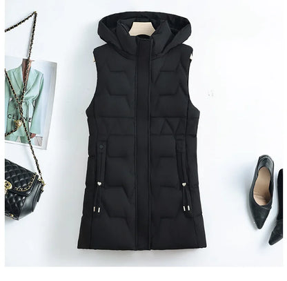 Light Cozy Women Long Puffer Vest - Hooded Down