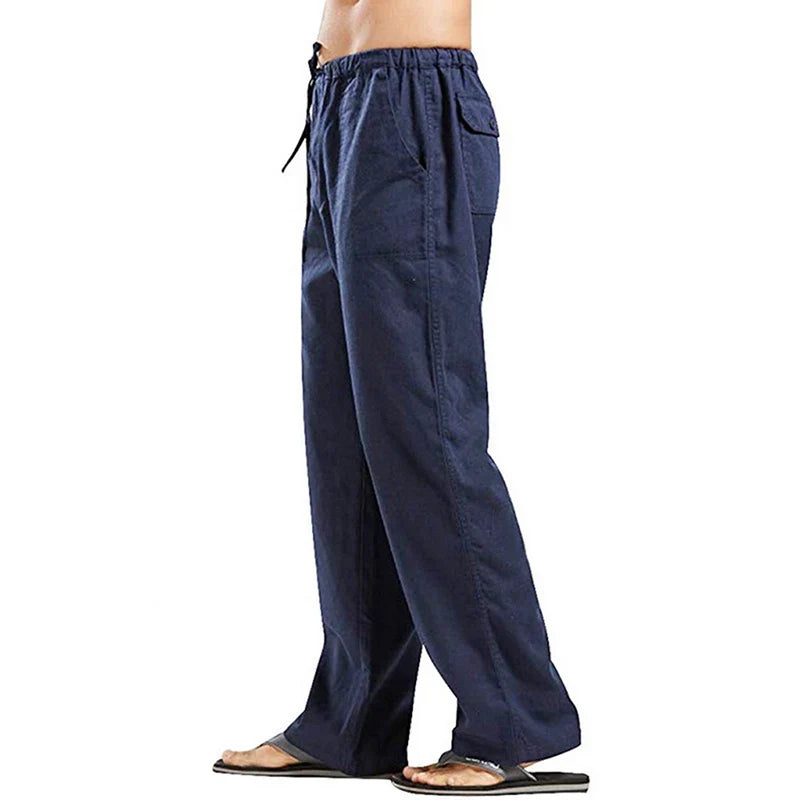 Color Solid Multi-Pocket Linen Men Pants - Casual Breathable Summer Trouser, Large Size
