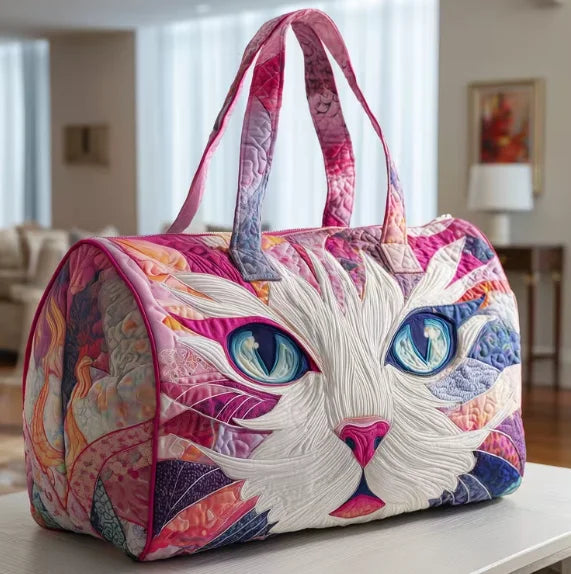 Plush Unisex Travel Tote - Quilted, Cat-Embroidered Fabric, For Beach, Hiking, Camping