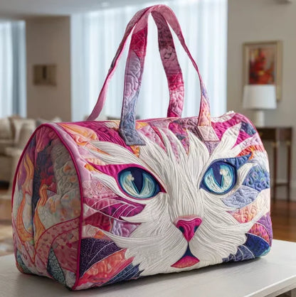 Plush Unisex Travel Tote - Quilted, Cat-Embroidered Fabric, For Beach, Hiking, Camping
