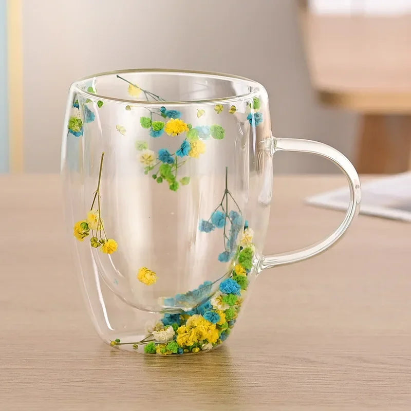 Wall Double Glass Cup with Handle Dried Flower Decorated Ins Style Mug 300ML