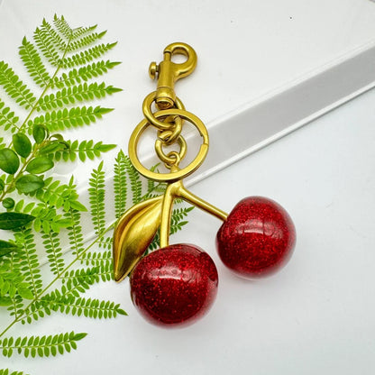 Cherry Red Keychain Bag Charm With Gold Leaf Lobster Clasp