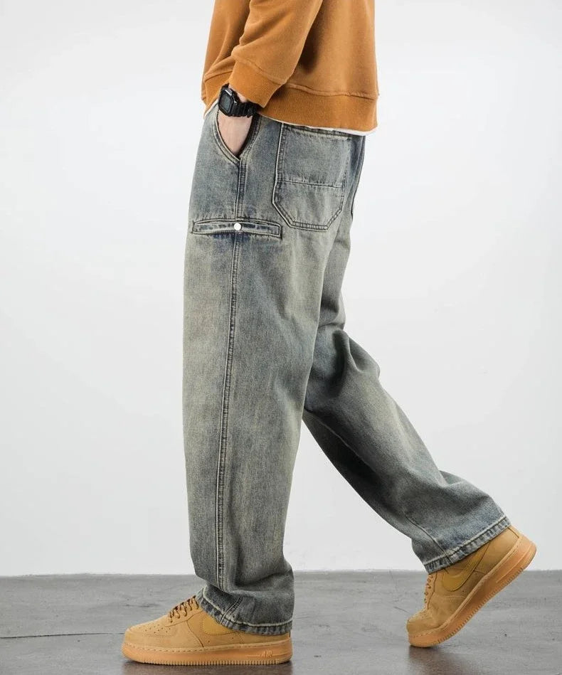 Men's Oversized Denim Jeans - Loose Straight Cut, Washed