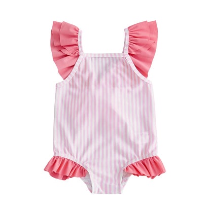 Baby Breathable Girls Swim Romper - Striped Print, Flutter Sleeves, Polyester-Elastane Blend, For Pool and Beach