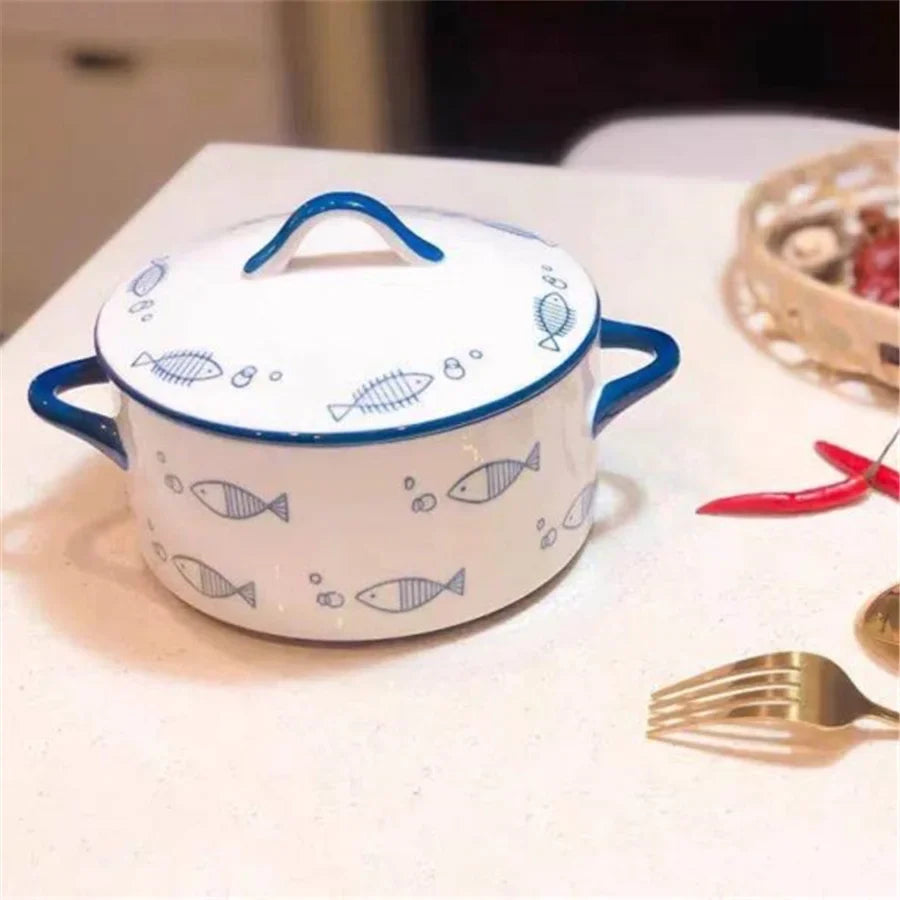 1000ml Ceramic Covered Noodle Bowl Microwave Safe With Lid