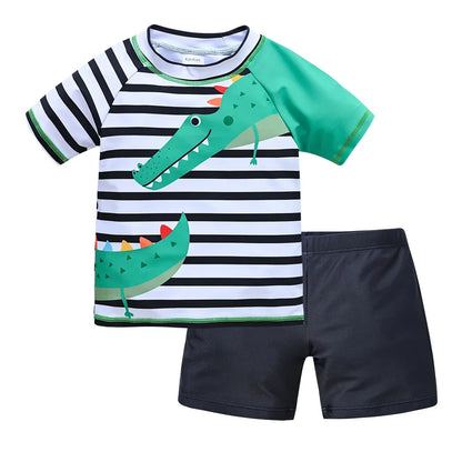 Fast-Dry Boys Swimwear - Two-Piece Cartoon Print Kit, Polyester/Nylon/Spandex, Summer Beachwear