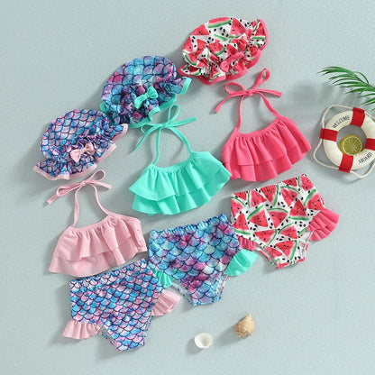 Plush girls' bikini swimsuit - halter-neck ruffle crop top, mermaid scale print, shorts, polyester, for summer vacation