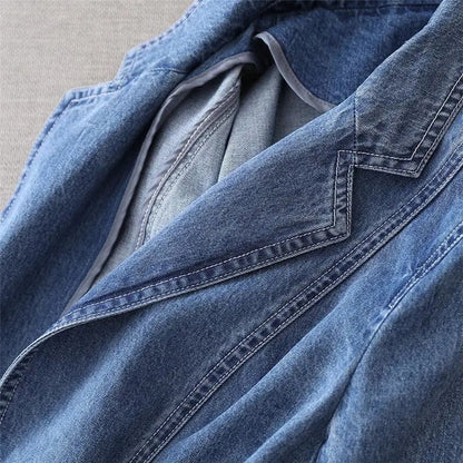 Women's Denim Blazer with Notched Lapel and Button Closure, Structured Cut for Casual and Semi-Formal Wear-4