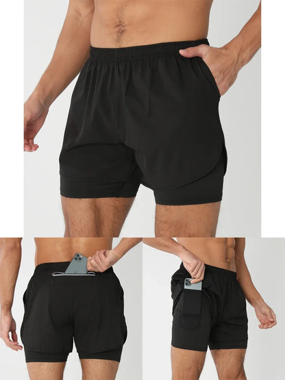 Fast-dry men's 2-in-1 running shorts - lightweight lined, polyester, for gym and summer training