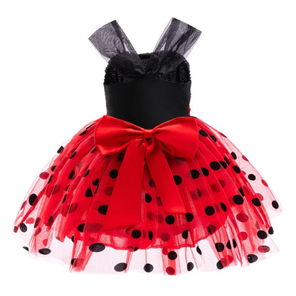 Light girls' Ladybug cosplay costume - sequin bodice with knee-length tulle skirt, polyester, for Halloween