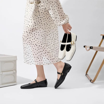 Women Supportive Mary Jane Flats - Square Toe, Leather