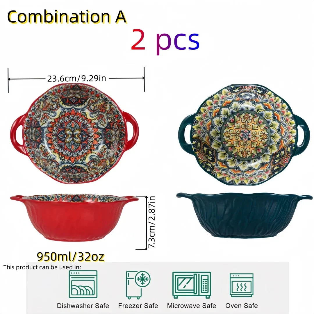 Soup Ceramic Bowl Bohemian Handle Embossed Microwave
