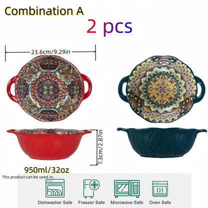 Soup Ceramic Bowl Bohemian Handle Embossed Microwave
