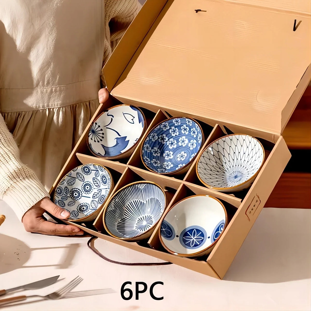Japanese Ceramic Bowl Kit 6pc Microwave Safe Gift Box