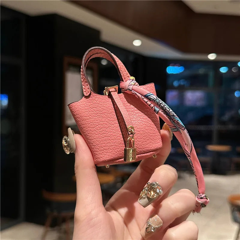 Inspired Birkin Mini Hand Bag - Leather Basket Bag Charm Keychain & Earphone Case