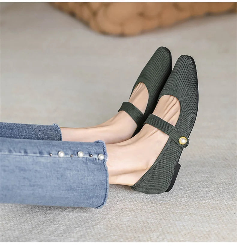 Women Stretchy Mary Jane Flats - Ribbed Knit For Spring