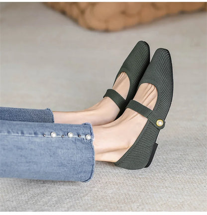 Women Stretchy Mary Jane Flats - Ribbed Knit For Spring