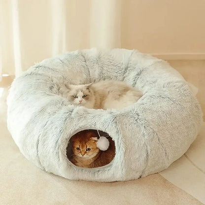 Cat Plush Bed with Tunnel - Fluffy Donut Cat Bed for Indoor Cats, Cozy Multifunctional Tunnel with Peephole