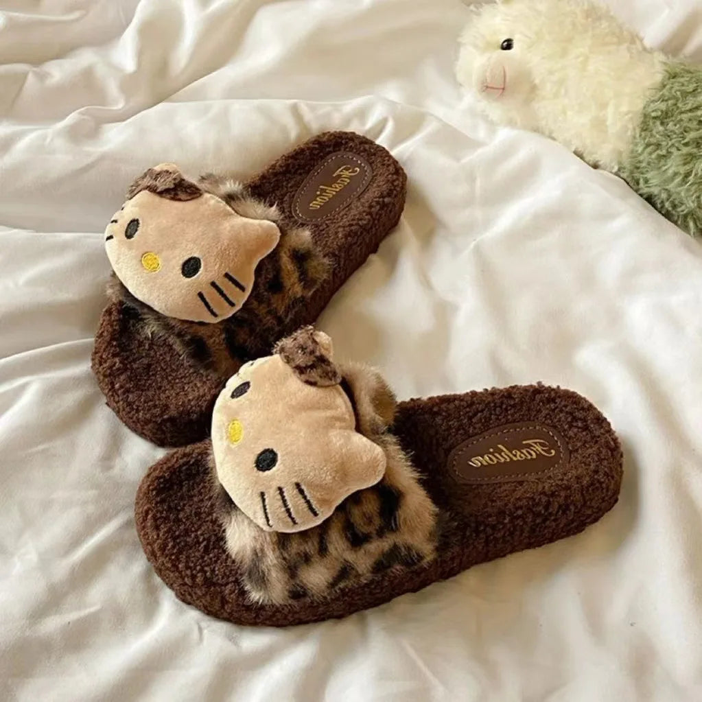 Plush girls' slippers - cozy leopard-print plush fur, polyester, indoor wear, gift