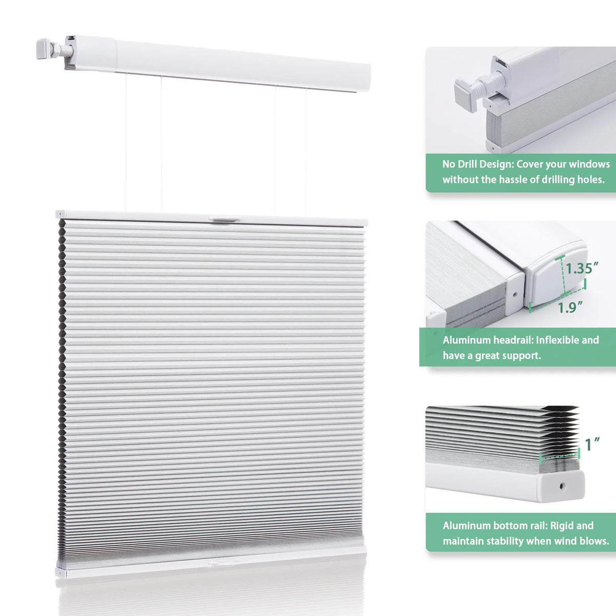 Drill No Honeycomb Blinds Cordless Thermal Insulated 1" Cell Fabric