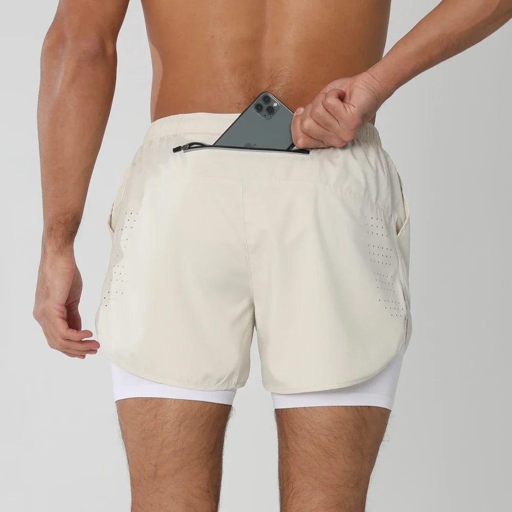 Fast-dry men's 2-in-1 running shorts - lightweight lined, polyester, for gym and summer training