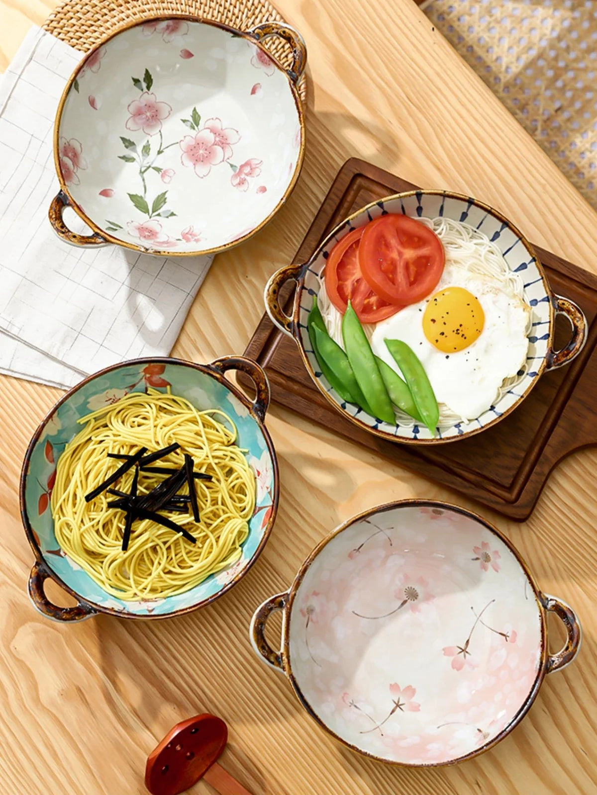 7.5 Ceramic Inch Noodle Bowl With Handles Floral Porcelain
