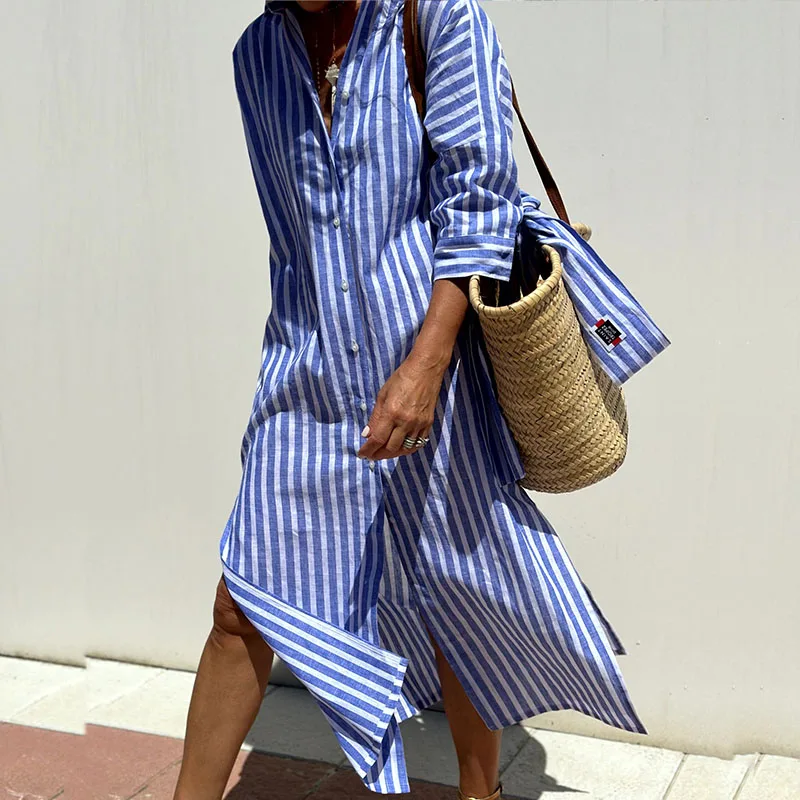 Elegant Women's Striped Shirt Dress, Comfortable Casual Wear for Summer, Versatile Fit in Premium Fabric, Sizes S-XL-3