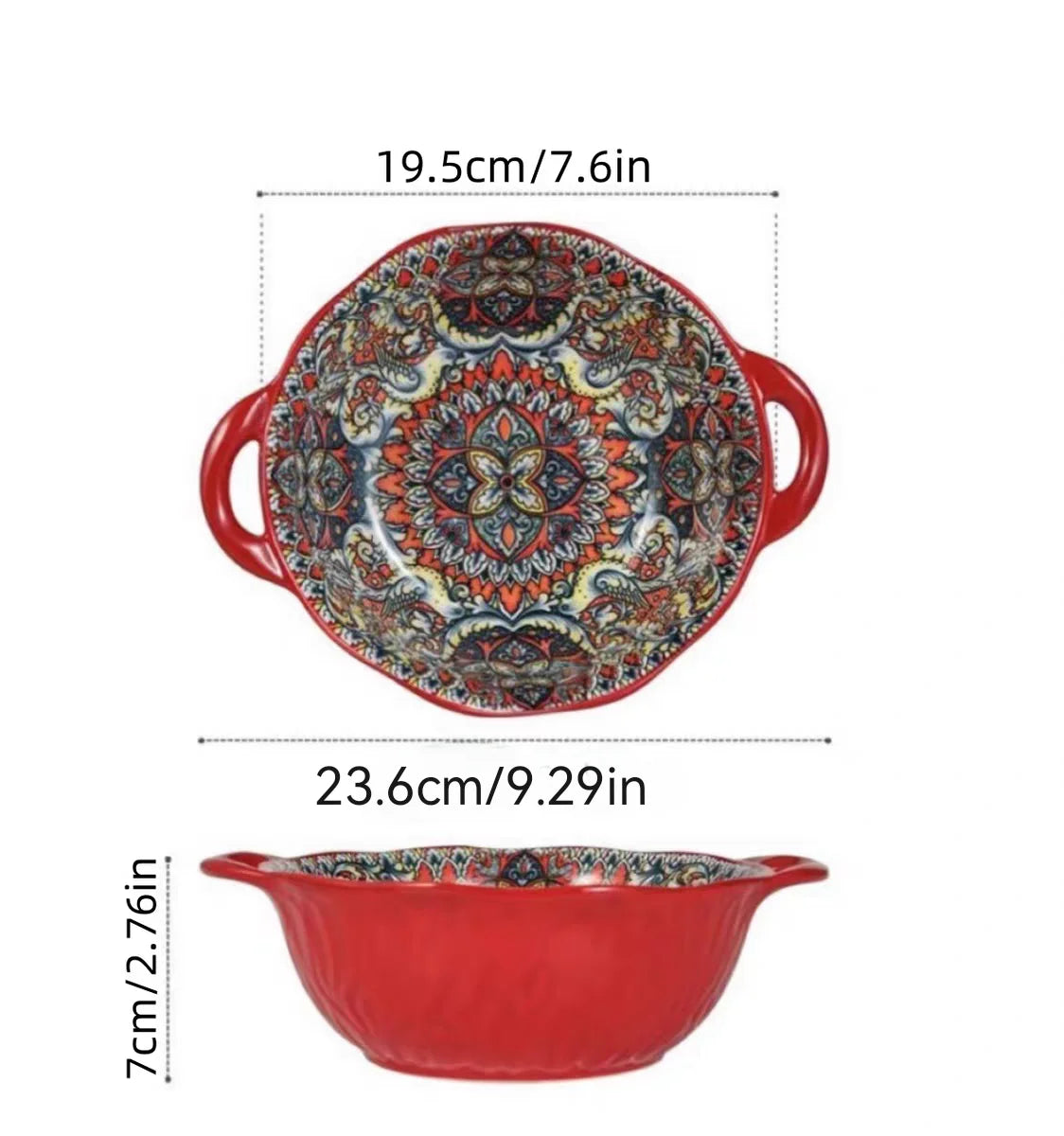 Soup Ceramic Bowl Bohemian Handle Embossed Microwave