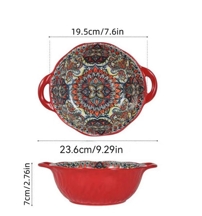 Soup Ceramic Bowl Bohemian Handle Embossed Microwave