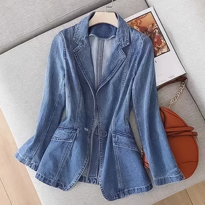 Women's Denim Blazer with Notched Lapel and Button Closure, Structured Cut for Casual and Semi-Formal Wear-1