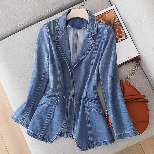 Women's Denim Blazer with Notched Lapel and Button Closure, Structured Cut for Casual and Semi-Formal Wear-1