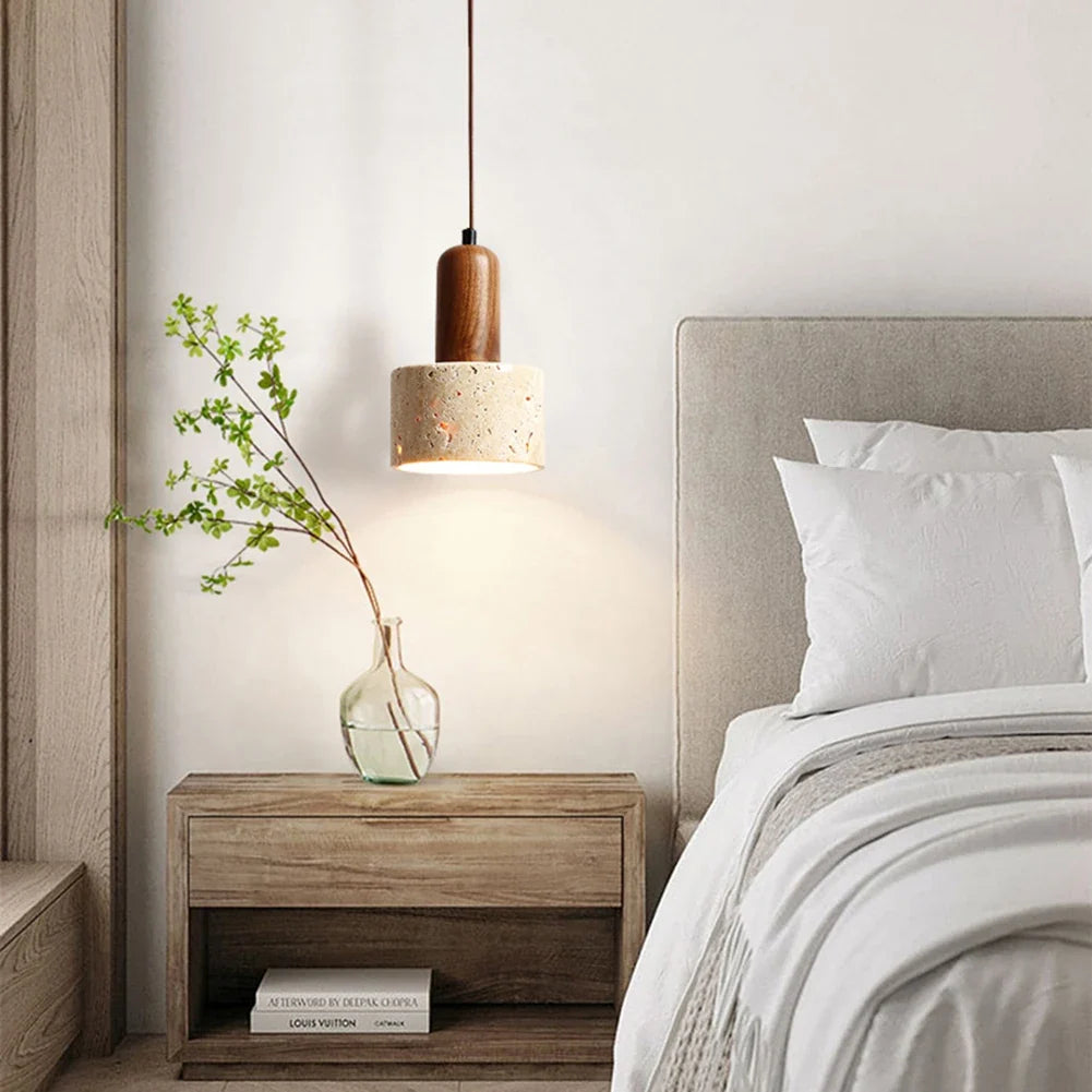 Japanese Japandi Pendant Light Wood And Travertine Bedside Lamp