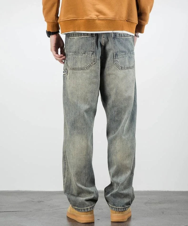 Men's Oversized Denim Jeans - Loose Straight Cut, Washed