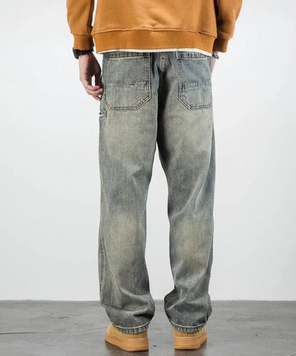 Men's Oversized Denim Jeans - Loose Straight Cut, Washed