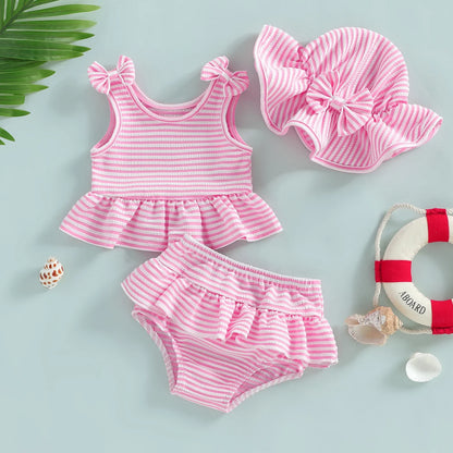 Plush Toddler Girls' Bikini Kit - Striped Tank Top With Ruffle, Matching Bottom, Hat, Polyester-Elastane, Summer Swimwear
