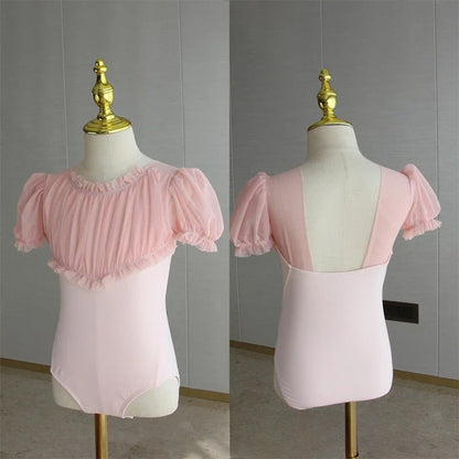 Light girls ballet leotard set - puff-sleeve top, tulle tutu skirt, polyester, for dance class