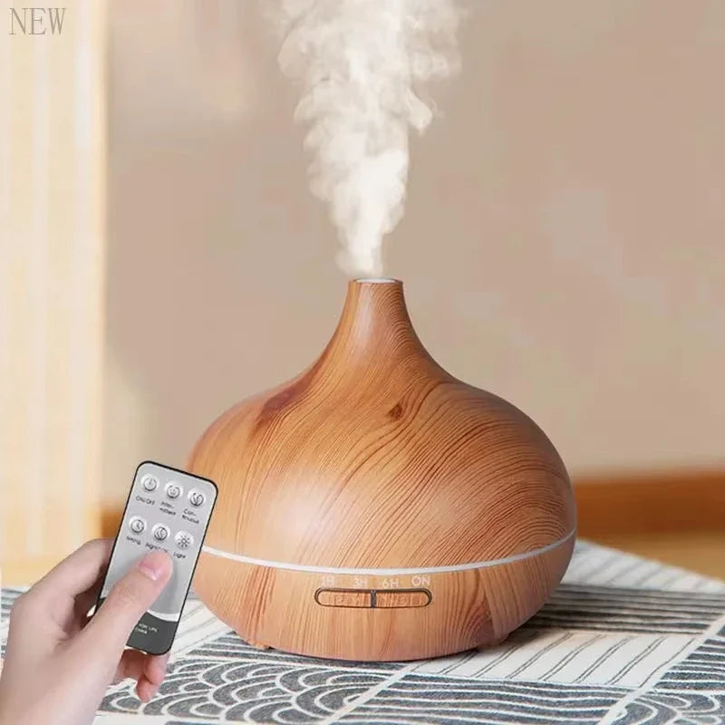 Air Humidifier Aromatherapy Essential Oil Diffuser 500ml Wood Grain Remote Control with 7 Color Lights for Household