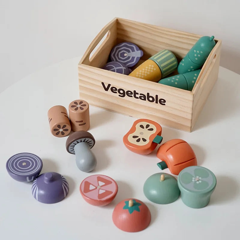 Kids Wooden Kitchen Playset with Cutting Food Accessories - Fruits, Vegetables & Bakery Toys
