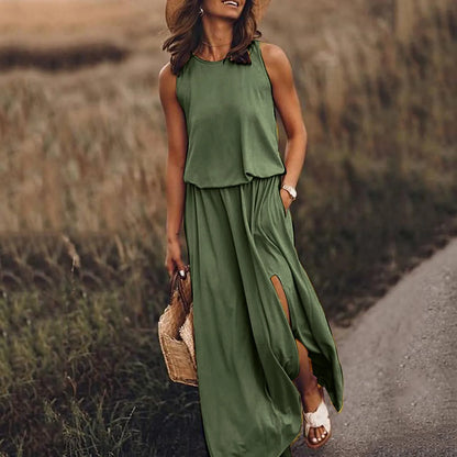 Spring/Summer Women's Trendy Retro Sleeveless Dress, Solid Color Two-Piece Kit