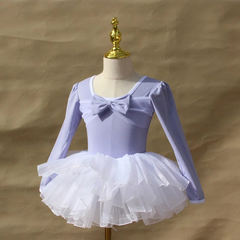 Light girls ballet leotard set - puff-sleeve top, tulle tutu skirt, polyester, for dance class