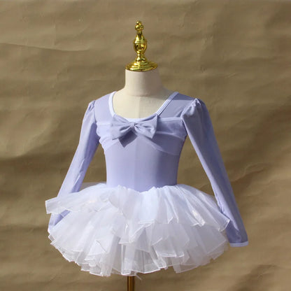 Light girls ballet leotard set - puff-sleeve top, tulle tutu skirt, polyester, for dance class