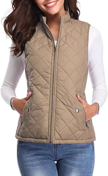 Light Women Quilted Vest - Stand Collar Cotton Winter