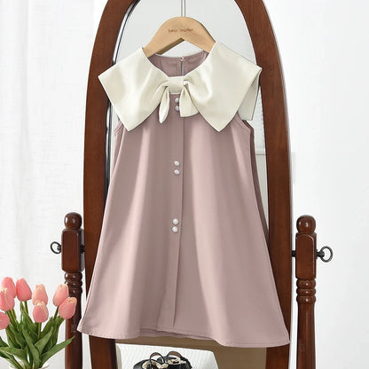 Plush and flattering girls' knee-length dress - sleeveless, bow-collar, polyester, birthday party
