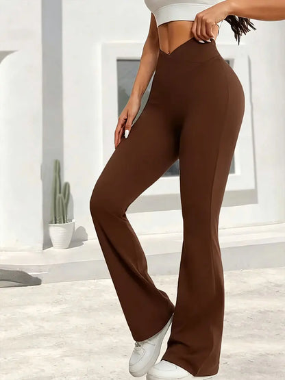 flared hem cross-waist design, casual sports trousers – Relaxed women's high-waist wide-leg leggings
