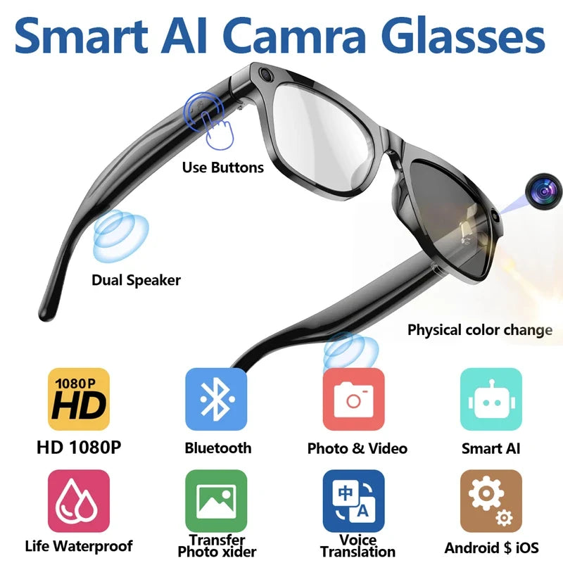 AI 4K Smart Camera Glasses Photochromic Travel Handsfree