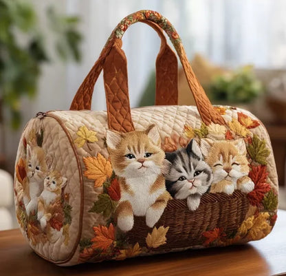 Plush Unisex Travel Tote - Quilted, Cat-Embroidered Fabric, For Beach, Hiking, Camping