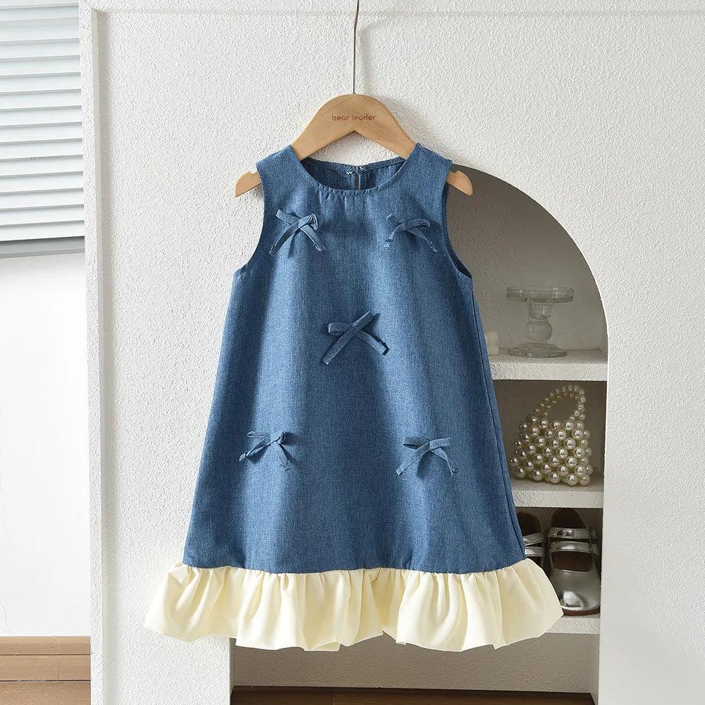 Plush girls' dress - round-neck sleeveless, bow-accented a-line, polyester, casual summer wear