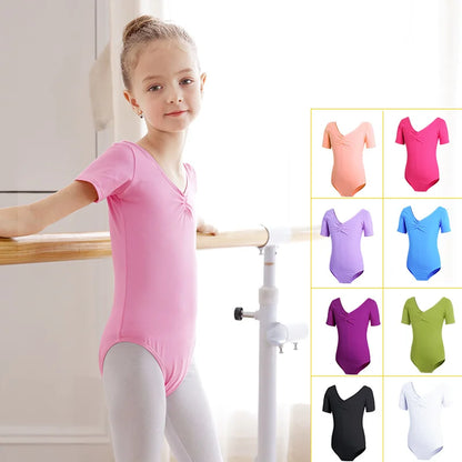 Plush girls ballet leotard - drawstring neckline, ruched front, cotton knit, for dance class