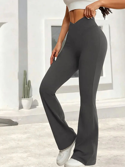 flared hem cross-waist design, casual sports trousers – Relaxed women's high-waist wide-leg leggings